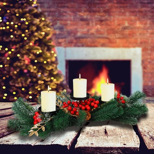 MorTime Christmas Centerpiece - 3 Candle Holders with Red Berries & Pine Cones | Indoor Holiday Table Decor
