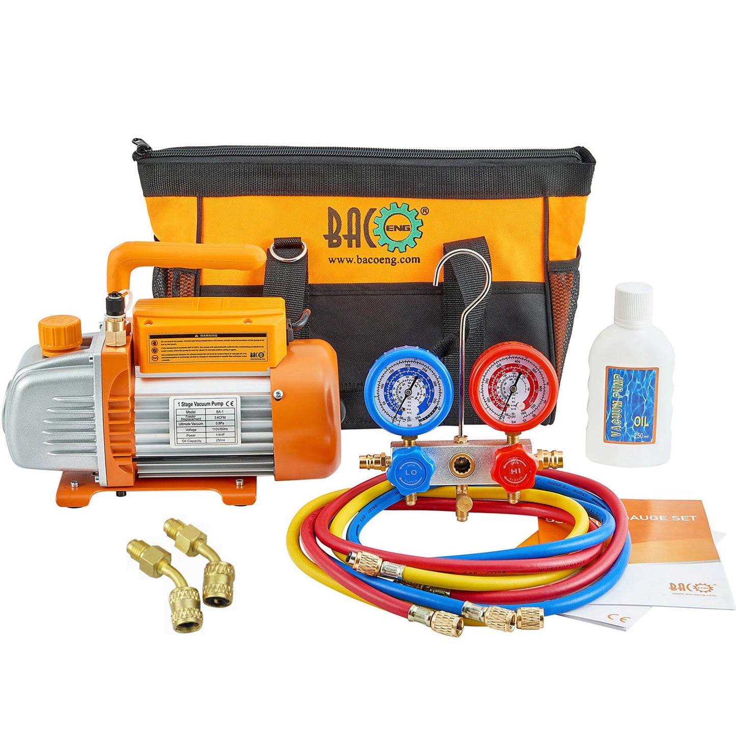 BACOENG 3.6CFM AC Vacuum Pump and Gauge Set - HVAC Vacuum Pump Kit for Mini Split System for R410A Refrigerants - w/ R410a Mini Split Adapter & 3x5FT Hoses