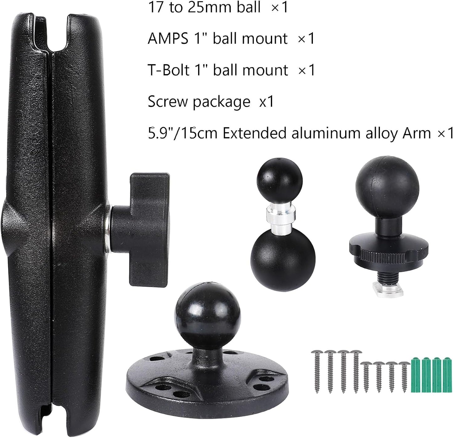 Leenconghui 5.9" 17-25mm (5/8"-1") Heavy-Duty GPS & Phone Mount Holder with Long Arm - Universal Ball Adapter/T-Bolt
