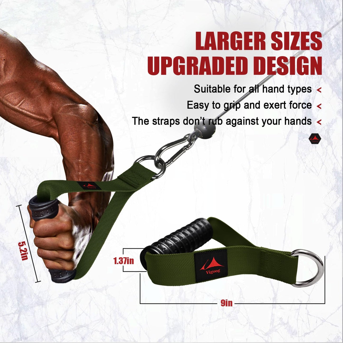 Vigoog Heavy Duty Gym Exercise Handles Attachment for Cable Machine,Resistance Band,Pulley System Home Fitness Workout Equipment, with Elastic Rubber Grip and 2 Large Carabiners (Military Green)