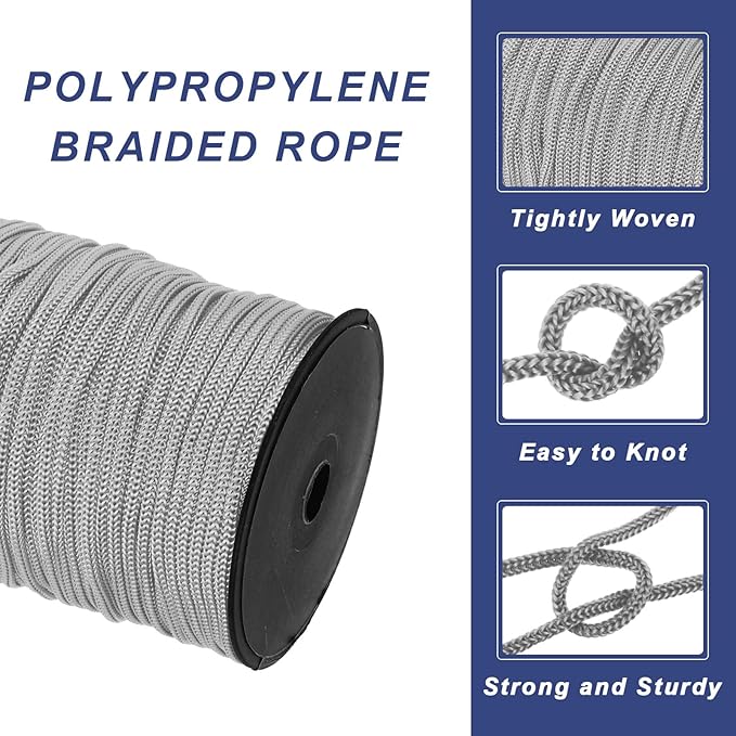 MECCANIXITY 3/16 Inch Polypropylene Rope Braided Ropes, 328ft Nylon Rope Hollow Utility Cord for Clothesline, Camping, Hiking, Outdoor, Light Grey