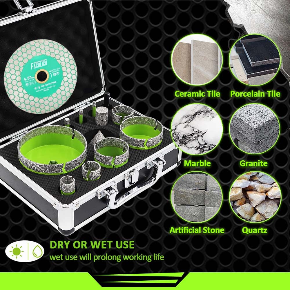 FACHLICH Tile Hole Saw Kit Diamond - (6/6/8/20/25/35/50/65/100mm Drill Bits+Finger Bit+Chamfer Bit+Adapter+Tile Blade) Diamond Hole Saw Kit for Porcelain Ceramic Marble Brick Granite,5/8"-11 Thread