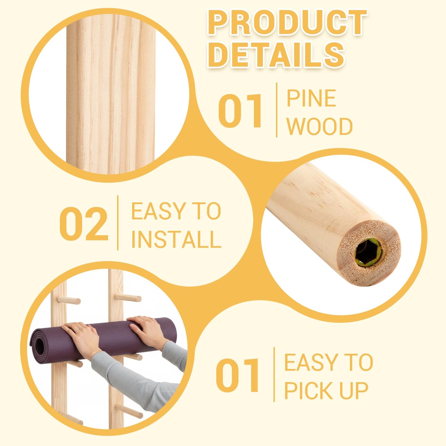 Cinnvoice 1 Pair Yoga Mat Holder Wall Mount Wooden Yoga Mat Storage Racks for Foam Roller & Fitness Accessories 4 Layer 28.7" X7" X2", Accommodating 4 Mats Save Space & Home Gym Organize