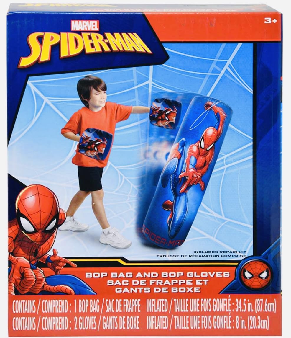 Spiderman Spider-Man Inflatable Bop Bag & Bop Gloves Set Kids Punching Bag with Gloves, Freestanding Superhero Blow Up Bouncing Boxing Bag for Exercise, Durable Heavy Duty Indoor and Outdoor - 34.5"
