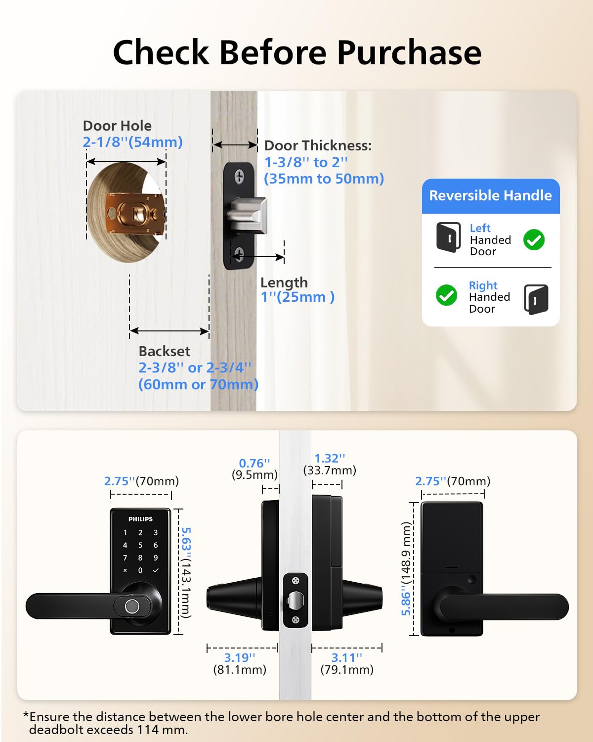 Philips Wi-Fi Smart Door Lock with Handle, Keyless Entry Door Lock, Fingerprint Door Knob, App Remote Control, Auto-Lock, Keypad Deadbolt with Lever for Front Door and Bedrooms, Security Easy Install
