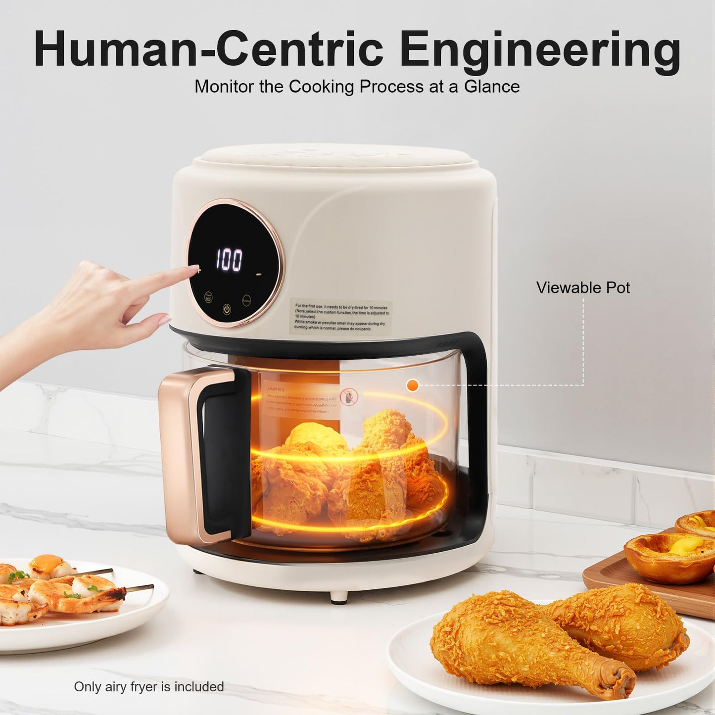 360° Viewable Air Fryer, 4.44 Qt Transparent Glass Air Fryer with 8 Preset Modes, 1200W Adjustable Temp 176°F-392°F Cooker with Digital Display for Home Kitchens & Restaurants