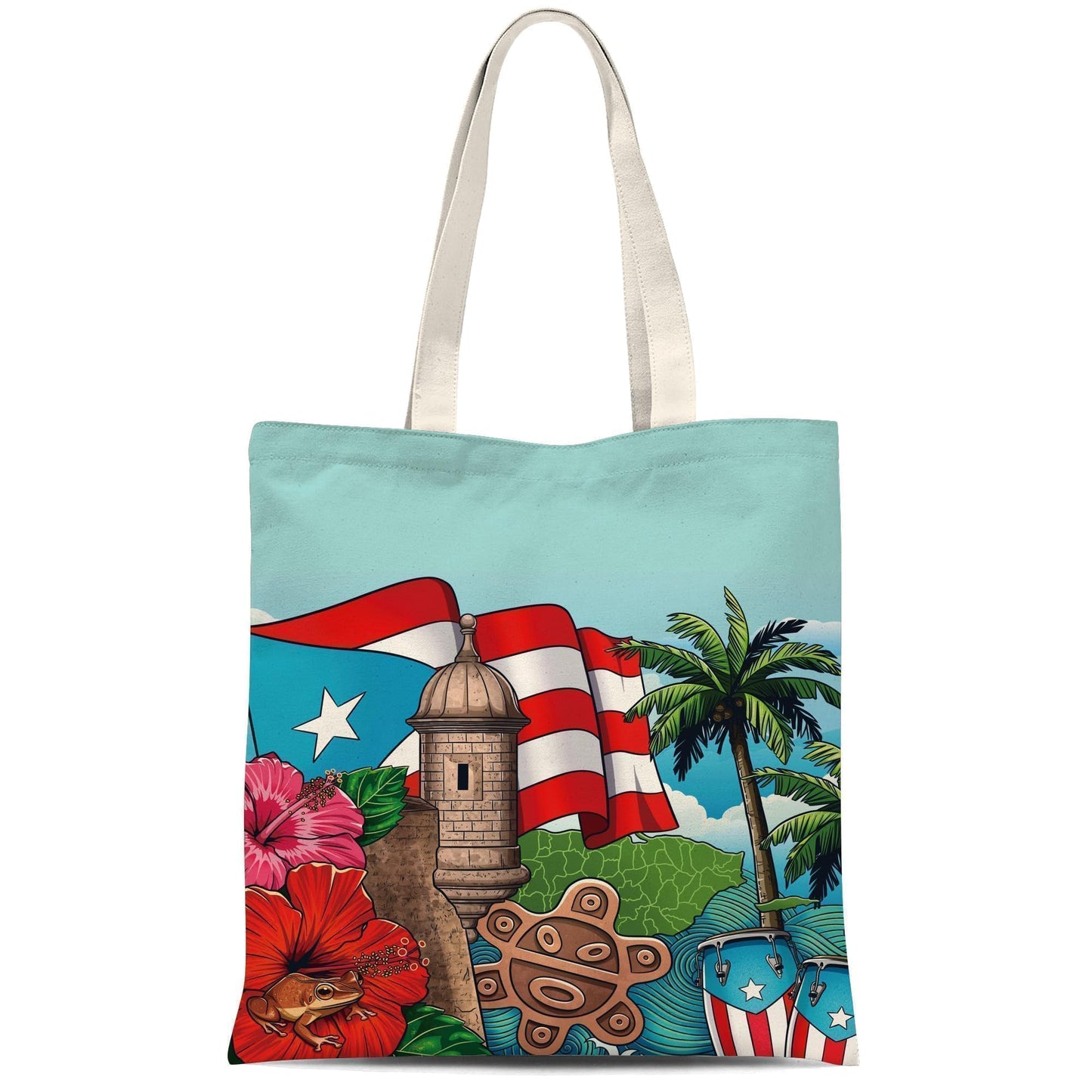 ATHAND Puerto Rico Flag Canvas Tote Bag with Zipper Inner Pocket,Puerto Rico Souvenirs,Reusable Shopping Beach Travel Tote Bag