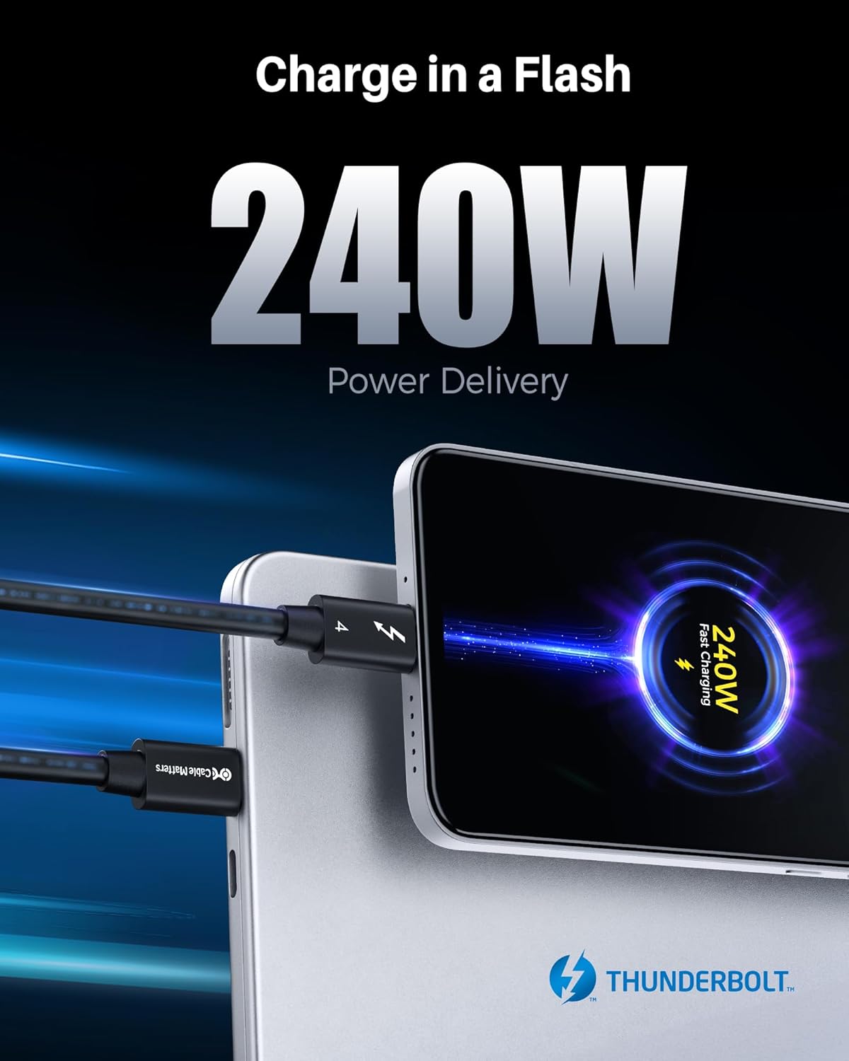 40Gbps 4 2.6ft 8K 240W 0.8m, USB4, 3 Cable Matters [Intel Certified] Thunderbolt Cable with Video and Charging