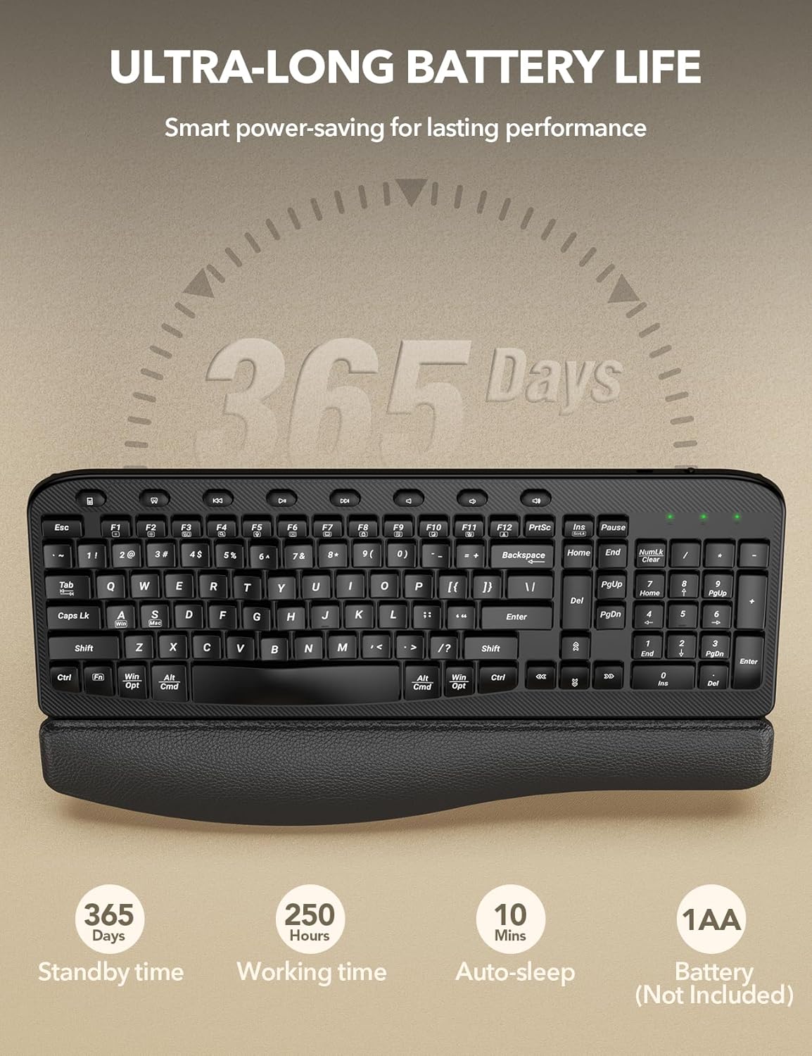 SABLUTE 2.4GHz Wireless Keyboard, Ergonomic Wave Keyboards with Cushioned Wrist Rest, USB Computer Wave Key Board