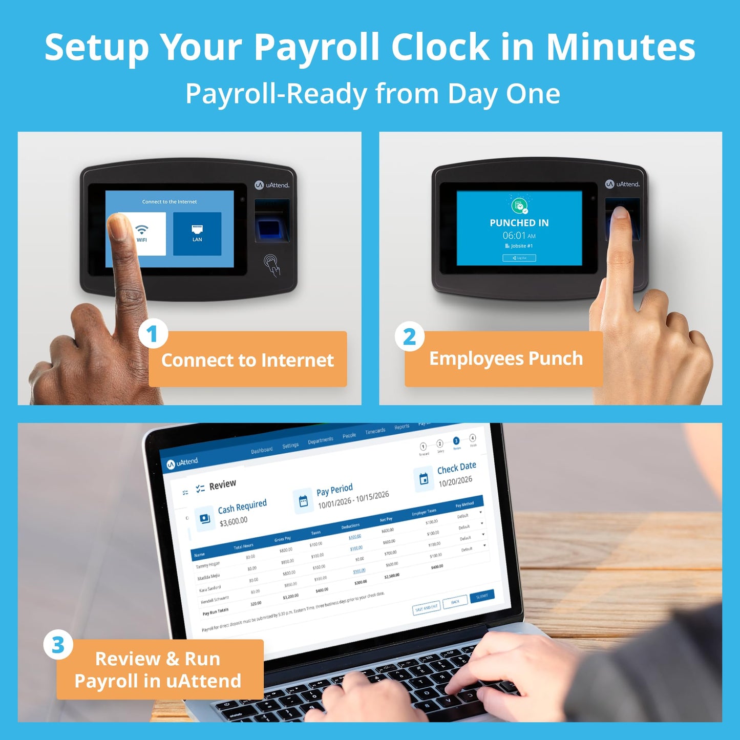 uAttend JP2000 Payroll Time Clock – Cloud Payroll Engine with Biometric & RFID, Time & Attendance System, Faster Payroll - $100 Payroll Fees Credit