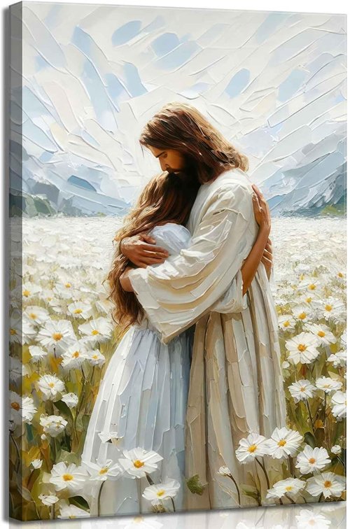 Jesus Hugging Girl Canvas Wall Art - Modern Christian Healing Embrace | 12x16in Wall Decor for Living Room, Bedroom