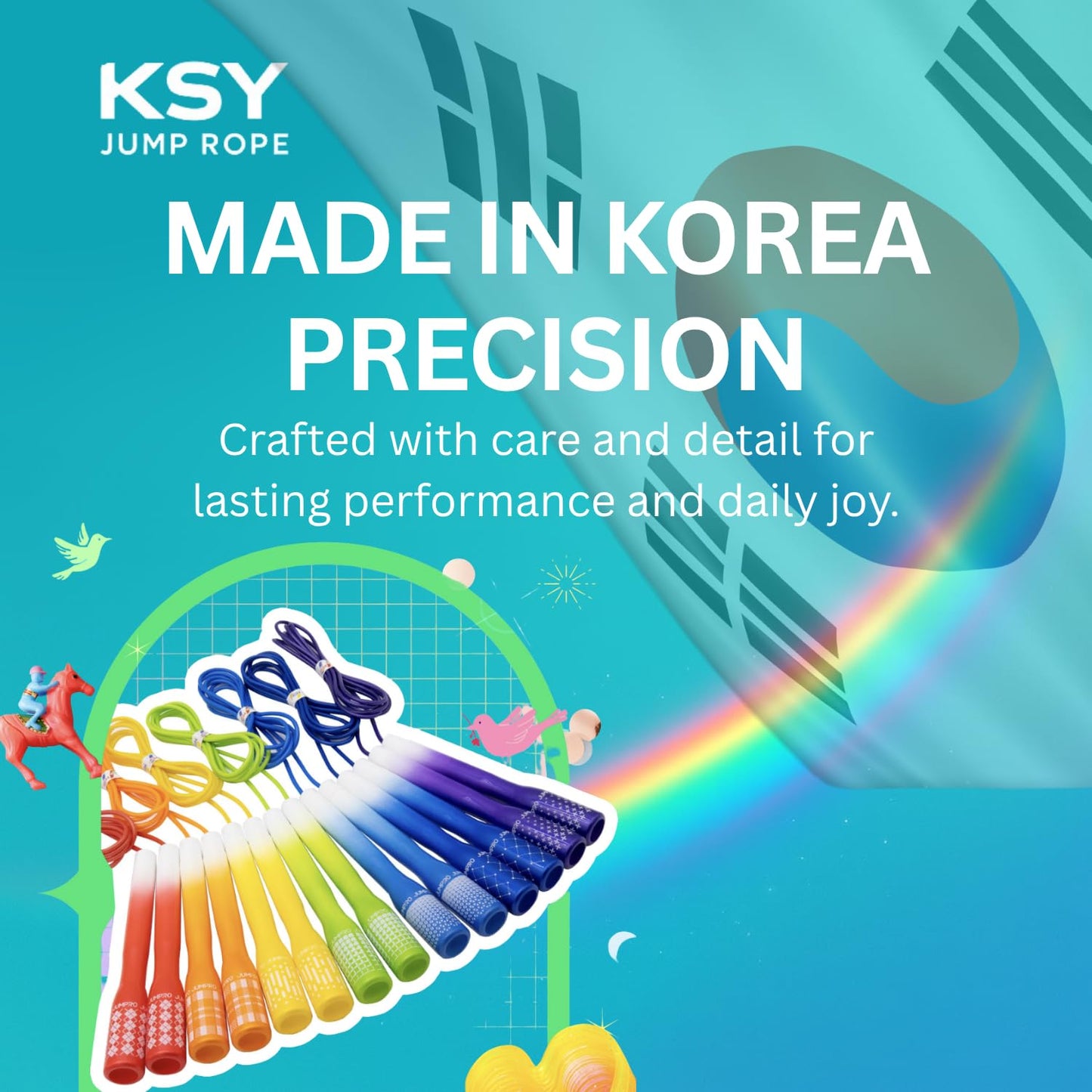 KSY Rainbow Jump Rope (J-710, Green) – Adjustable Cardio Rope for Women’s Fitness & Home Workouts | Soft-Grip Handles, Smooth PVC Cable, Lightweight Design | Made in Korea