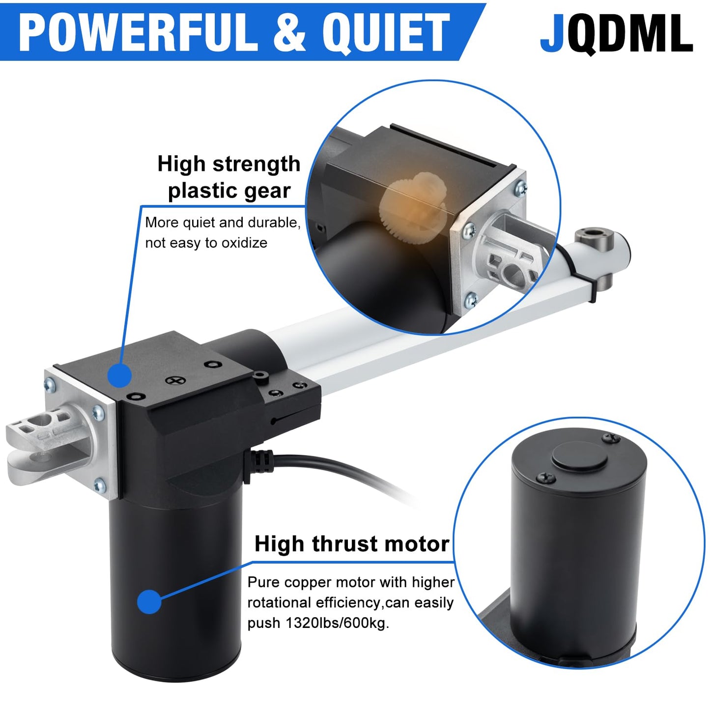 JQDML 24 Inch Stroke 8000N/1700lbs Heavy Duty Linear Actuator 12V Speed 0.157"/sec High Force IP43 Electric Actuator with Mounting Brackets,for Electric Lifting System, Electric Bed,Electric Door