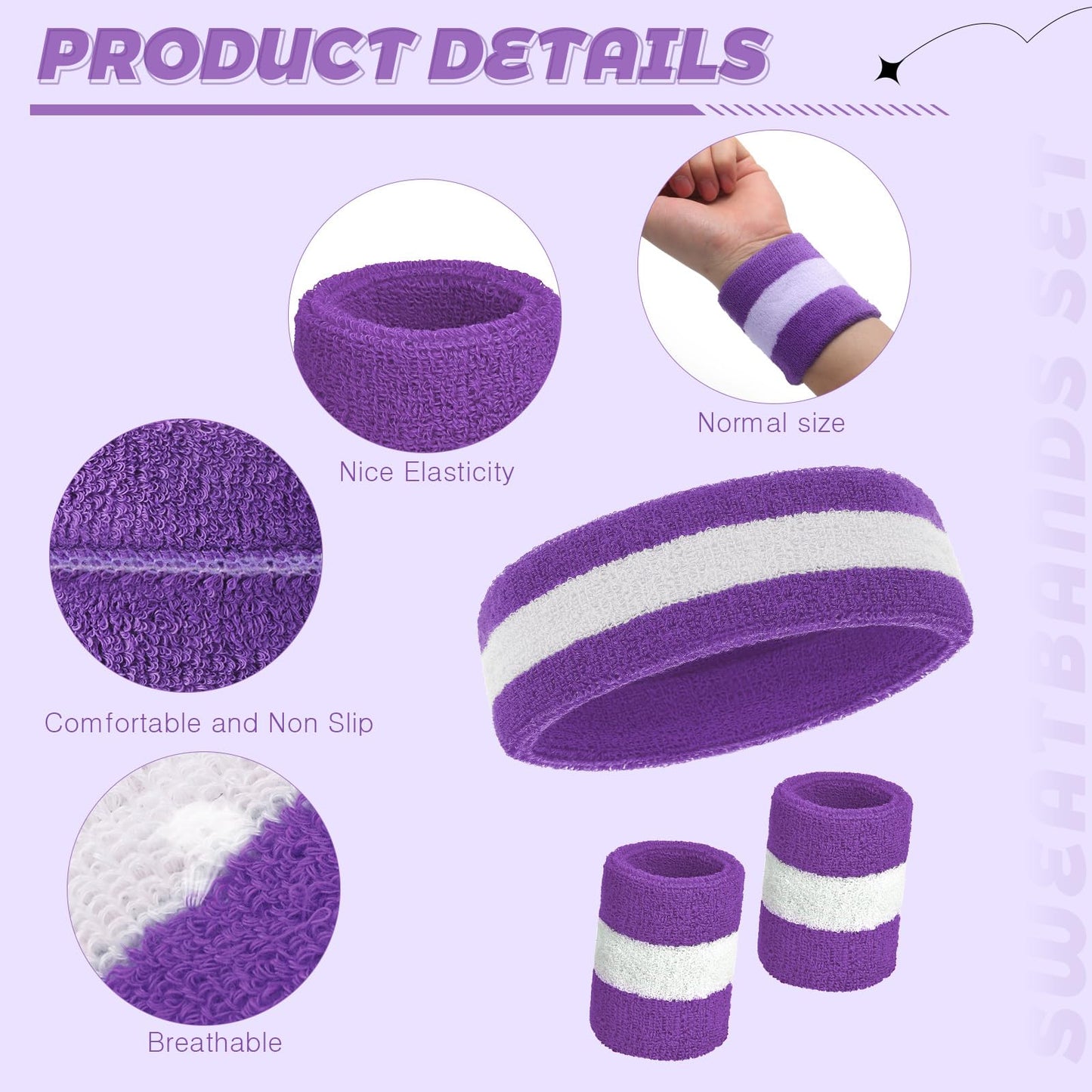 Bememo 6 Pcs Neon Sweatbands Set for Men Women 80s Tennis Striped Headband Sports Wristband Set Costumes Glow Cosplay Party(Purple and White)