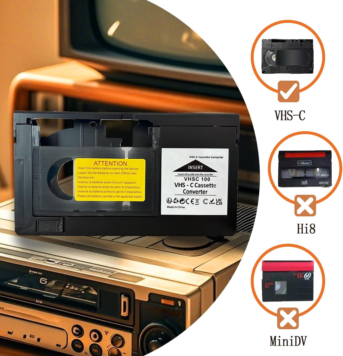 BECBOLDF Cassette VCA115 Hi8, 8mm, VHS-C to VHS Motorized Adapter - Tape Converter for Playback on Standard Players.