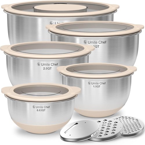 Mixing Bowls Set by [Brand Name] - Airtight Stainless Steel Bowls with Lids & Graters | Non-Slip, Khaki 5/3/2/1.5/0.63QT