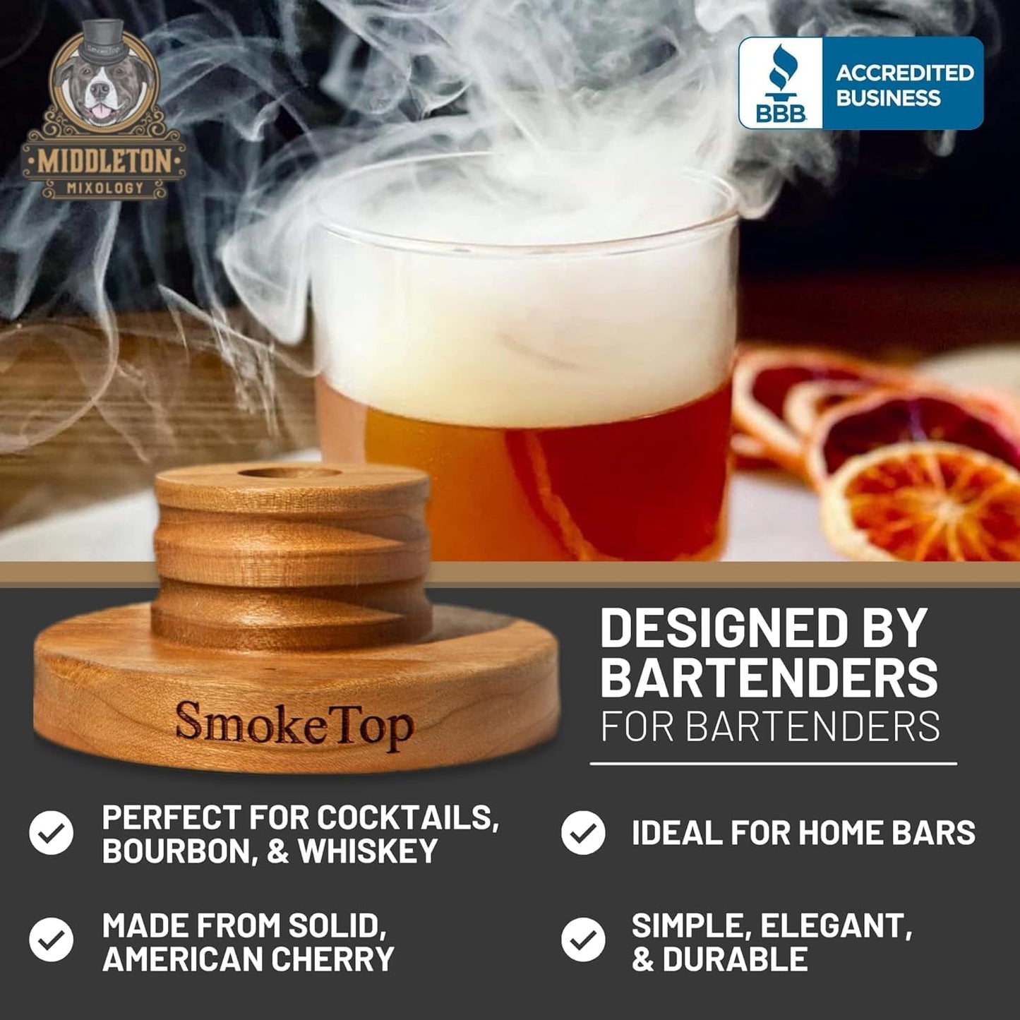 SmokeTop® Cocktail Smoker Kit - Old Fashioned Chimney Drink Smoker for Cocktails, Whiskey, & Bourbon With Sample Pack Of Wood Chips - by Middleton Mixology