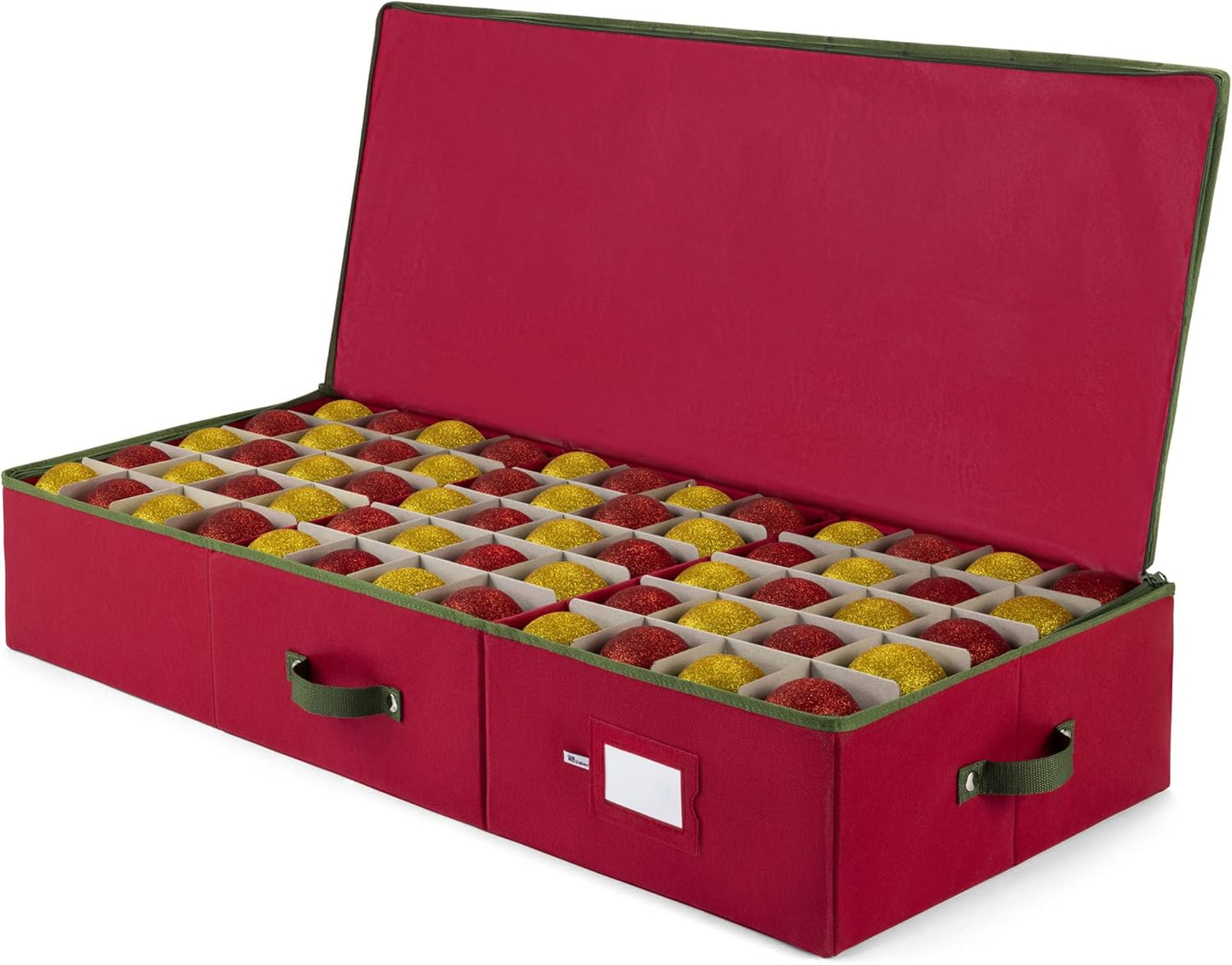 ZOBER Christmas Ornament Storage Box - Holds 120 3" Ornaments with Dividers - Durable Tear-Proof 600D Oxford Fabric - Red