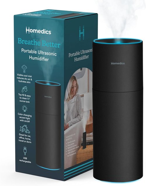 Homedics Portable Humidifier - Cool Mist Air Humidifier with Color-Changing Light | Perfect for Bedroom, Office & Travel - Matte Black