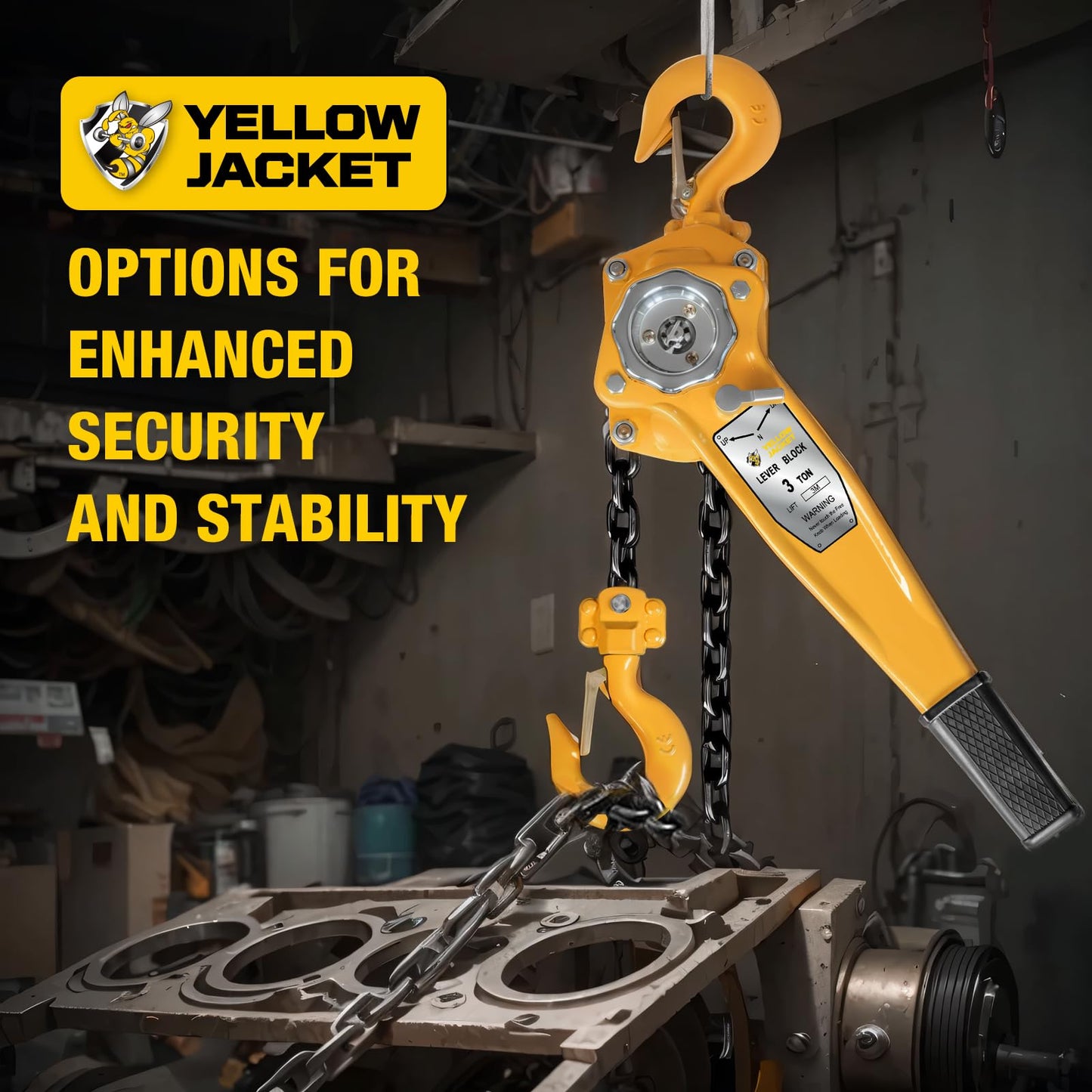 YELLOW JACKET 3 Ton Manual Lever Chain Hoist, 10 FT Come Along, G80 Galvanized Carbon Steel with Weston Double-Pawl Brake, Chain Come Along and Safety Measures for Chain Fall
