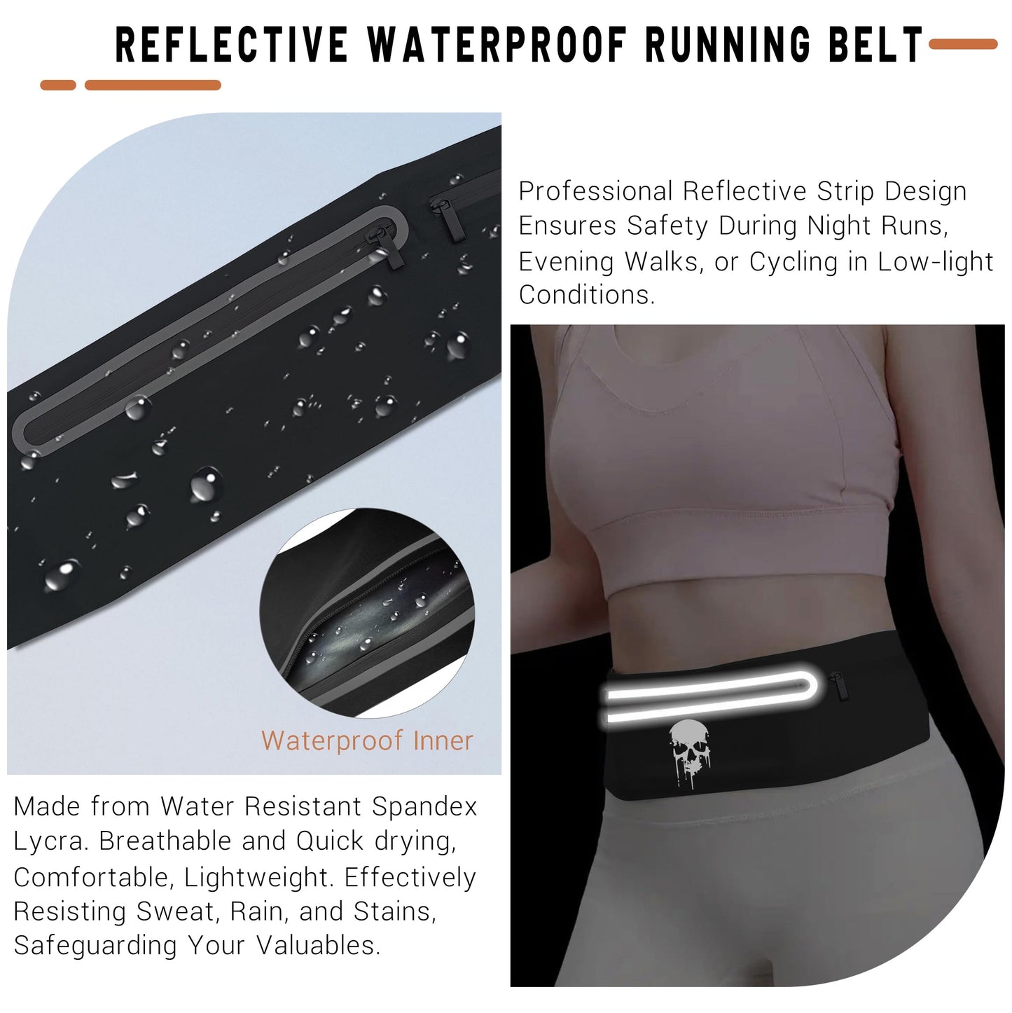 Skull Running Belt Waist Fanny Pack Phone Holder for Women, Waterproof Reflective Running Pack for Men Black Skull Jogging Pouch Adjustable,Horror Grim Reaper Wallet Holder for Hiking Cycling Workout