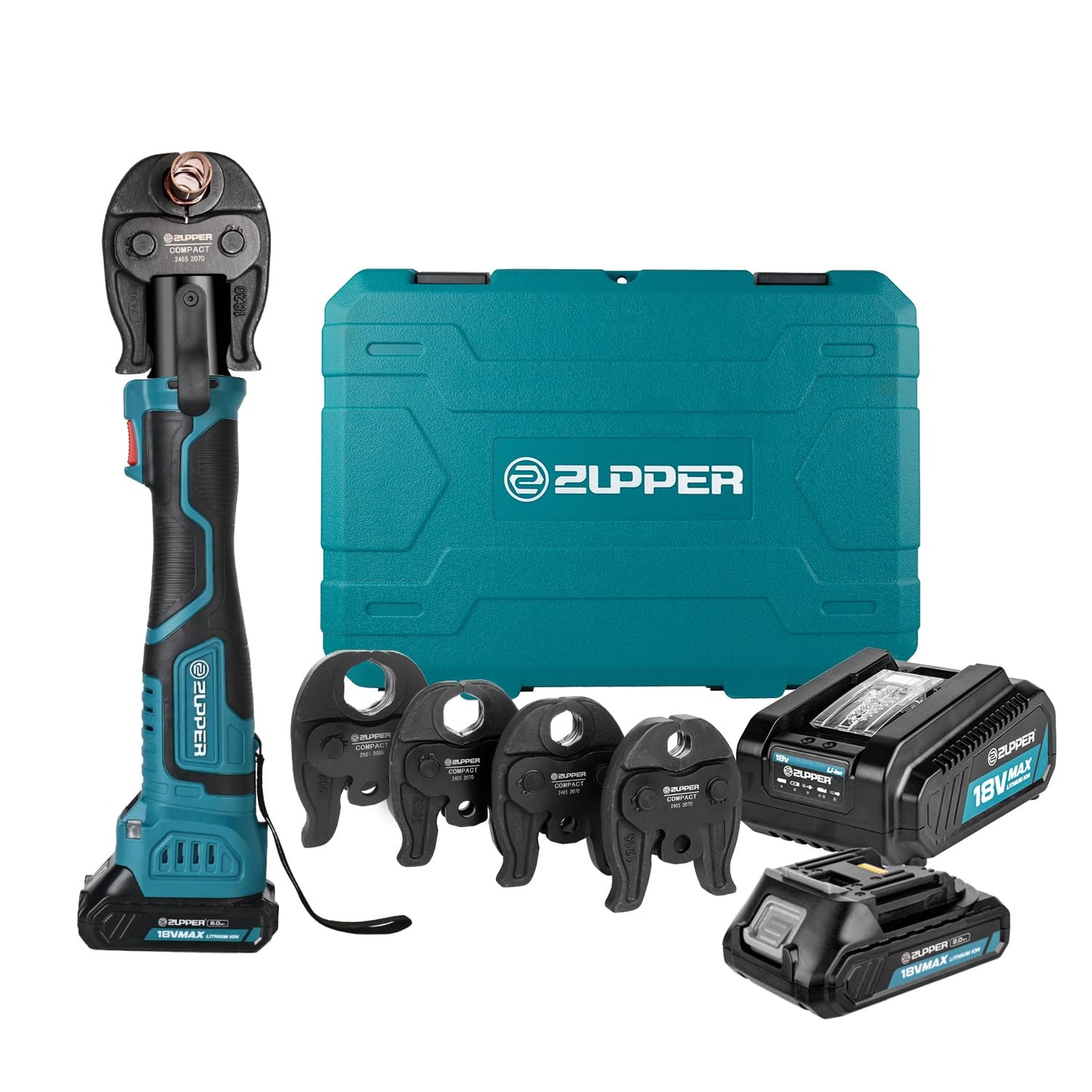 ZUPPER Press Tool, 18V Electric Pipe Crimping Tool for 1/2" to 1-1/4" Copper Pipes, Compact Press Tool Kit Suitable for Copper ProPress fittings - with Brushless Motor, 4 VUS Press Jaws, 2pcs Battery