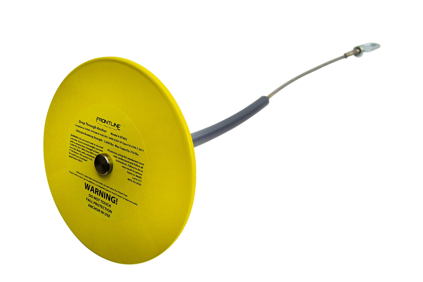 Frontline Fall Protection DT602 Drop Thru Anchor 6" Round Plate with 2' Cable | OSHA & ANSI Compliant | Removable and Reusable Anchor Point | Over Head Applications
