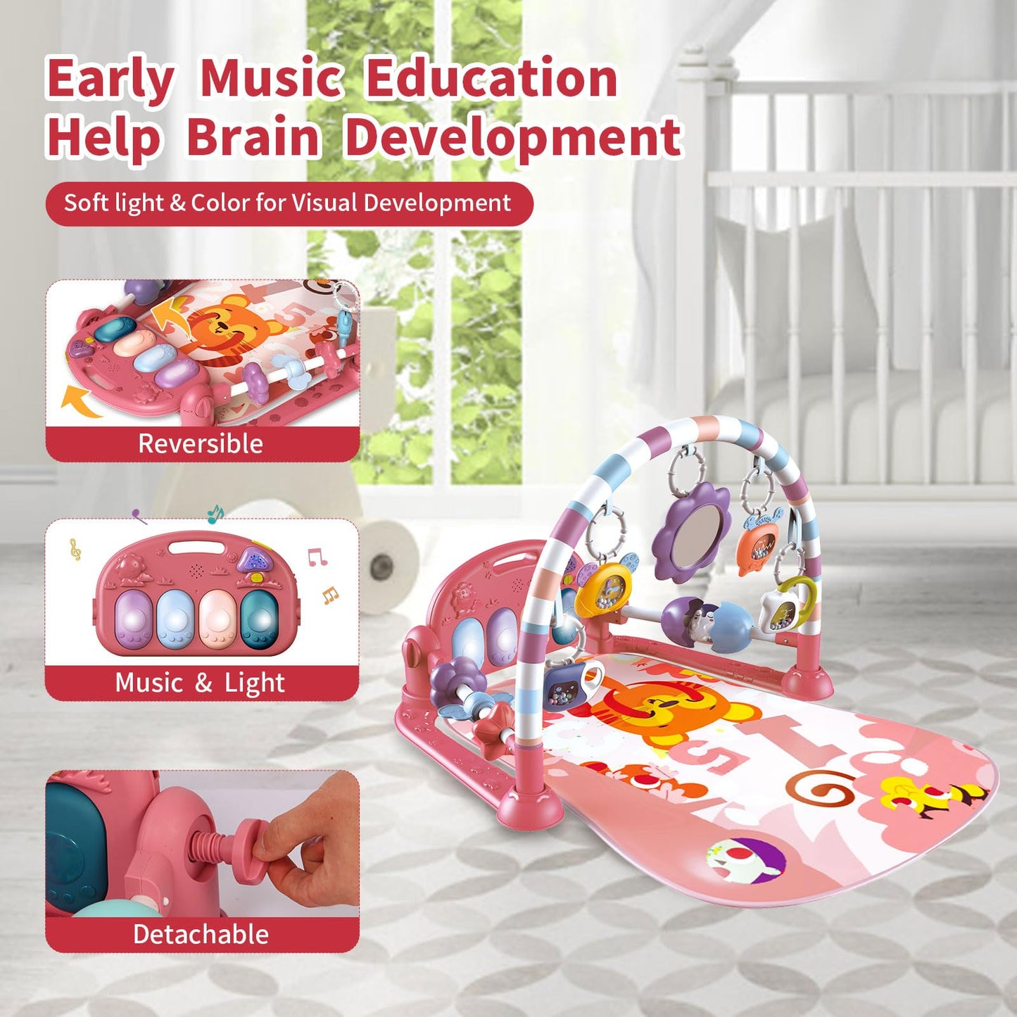Baby Gym Play Mat, Piano Kick and Play Lights and Music Tummy Time Toys Infant Musical Activity Gym Mat for Visual, Hearing, Sensory, Gift Suitable for Newborns Aged 0 to 3 6 9 12 Months (Pink)