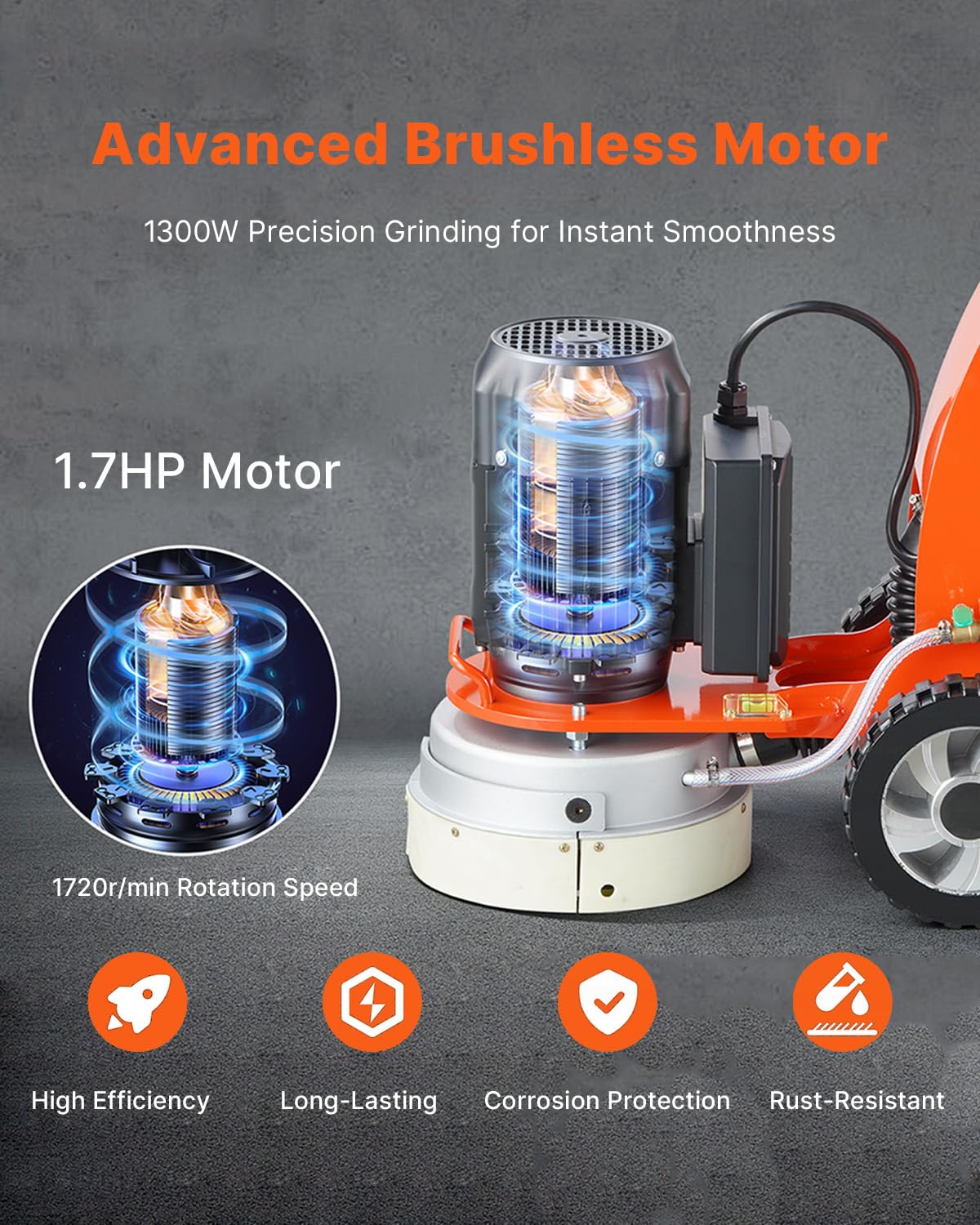 VEVOR 10-Inch Electric Concrete Floor Grinder, 1.7HP Walk-Behind Polisher, 1300W, 1720RPM Brushless Motor