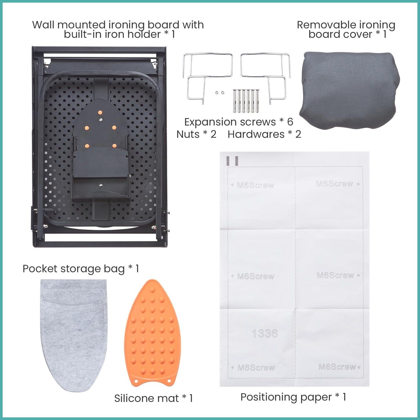 Seiritex Wall Mounted Ironing Board with Iron Holder, 36x13 Compact Mount Foldable Ironing Board for Small Spaces, Space Saving with Cotton Fabric Cover and Silicone Iron Rest
