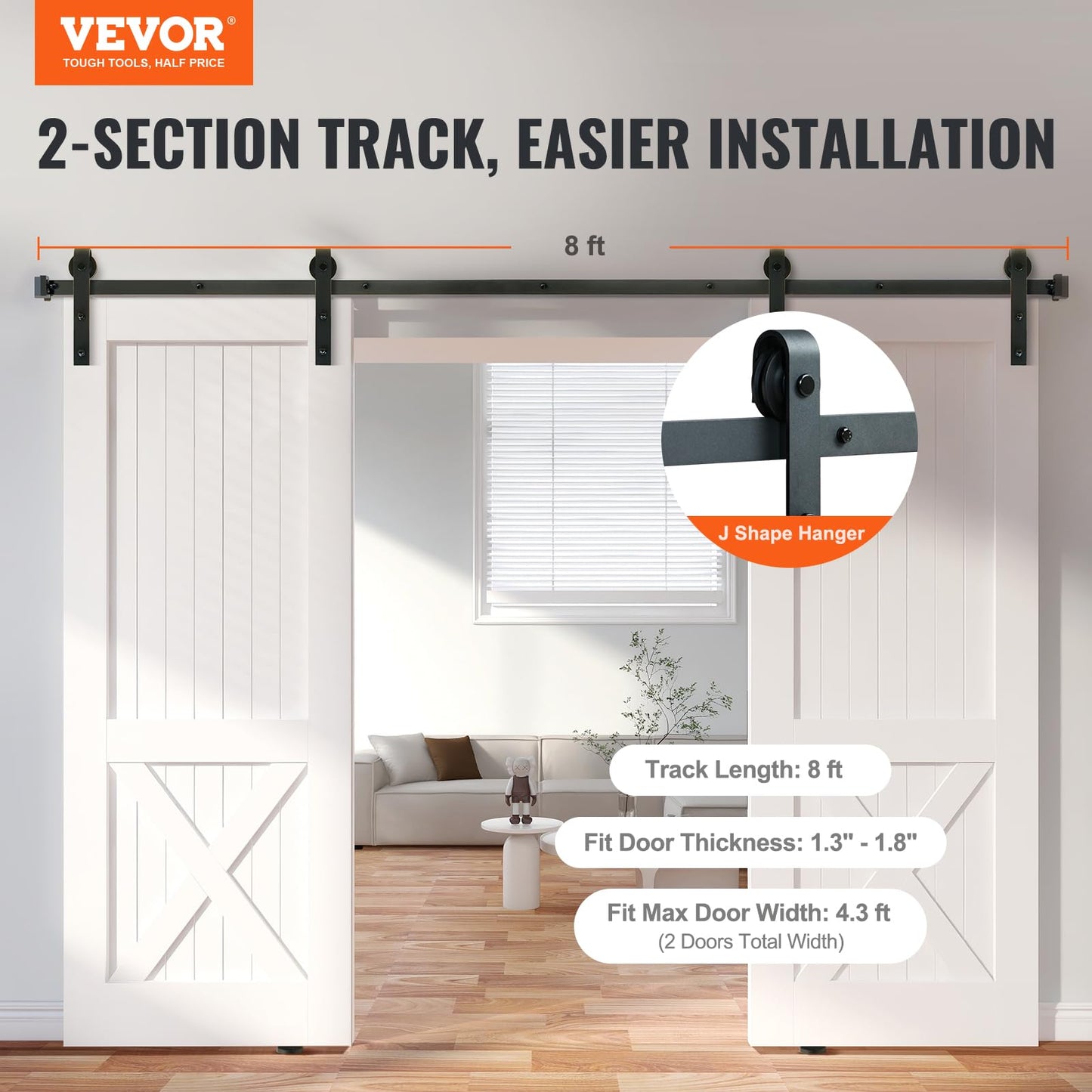 VEVOR 8FT Sliding Barn Door Hardware Kit - 330LBS Heavy Duty Double Door Track, Smooth & Silent Pulley System, Fits 2 Door Panels (3.7-4.3FT Total Wide, 1.3"-1.8" Thick)