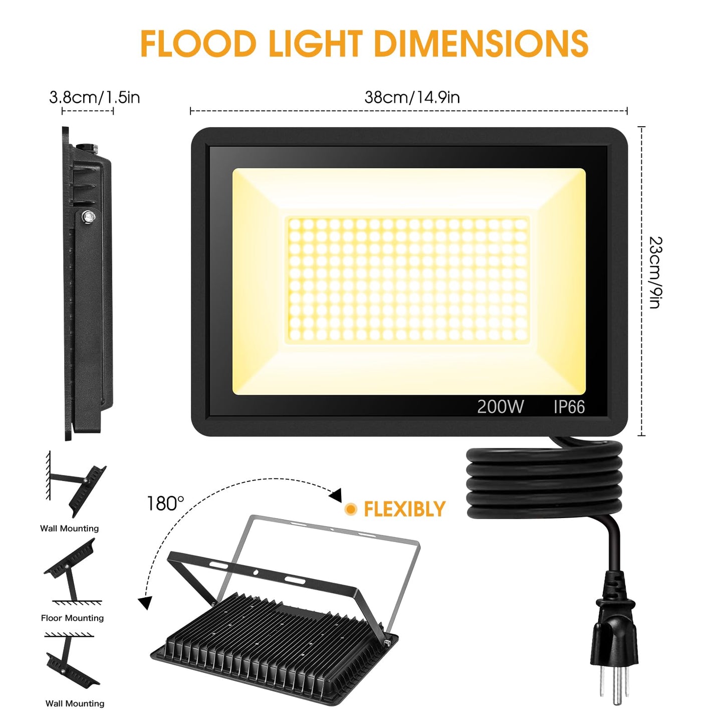 YANYCN 2 Pack 200W Warm White Led Flood Lights Outdoor,3000K Super Bright 15500LM Security Lights with Plug,Exterior IP66 Waterproof FloodLight for Basketball Court, Yard, Garden, Playground