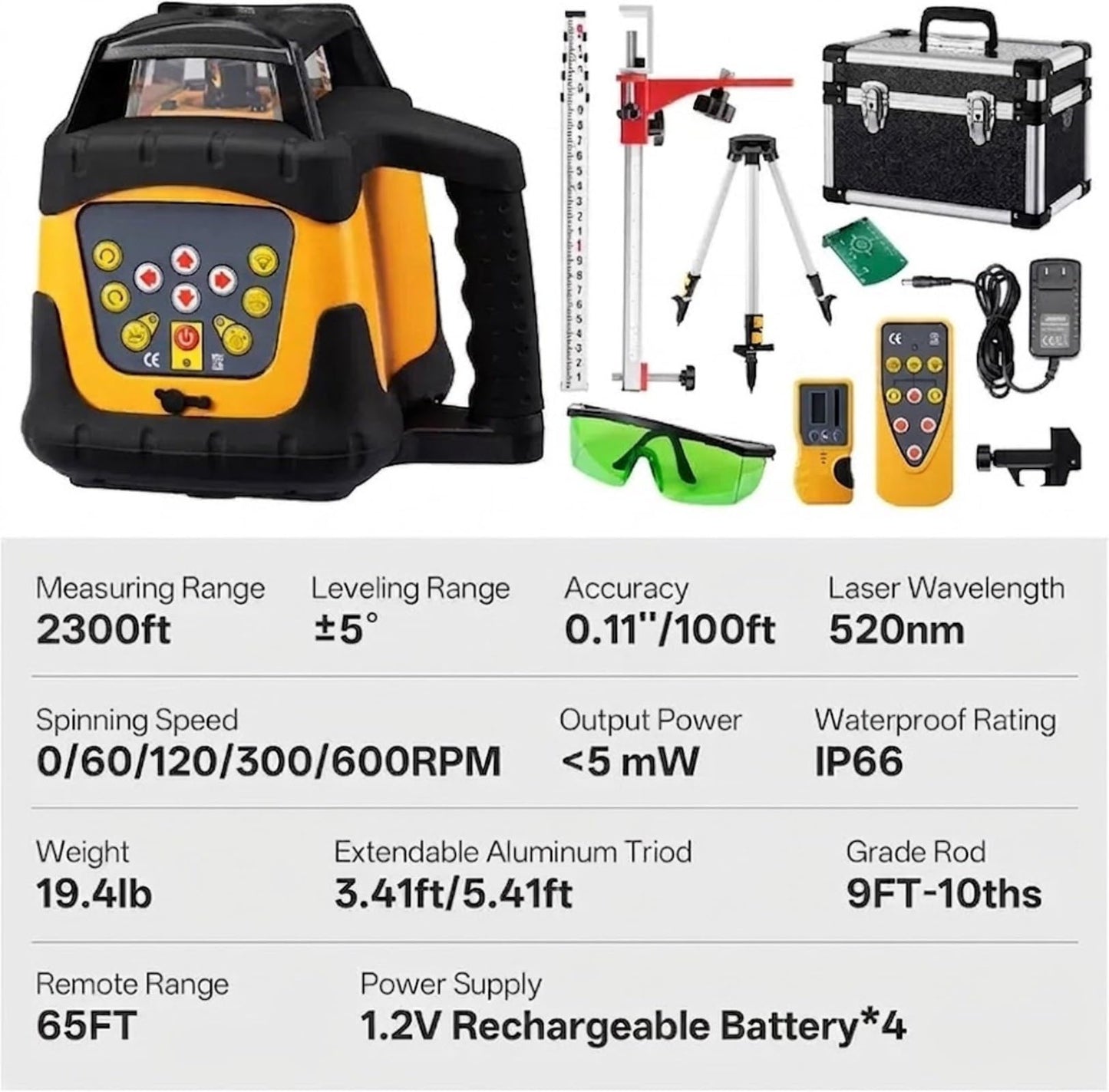 Self-Leveling Green Rotary Laser Level Kit, 2300ft Range with Receiver, ±1/10" Accuracy at 100ft, Class II ≤ 5 mW Laser, IP66 Waterproof, Includes Tripod, Grade Rod & Carrying Case