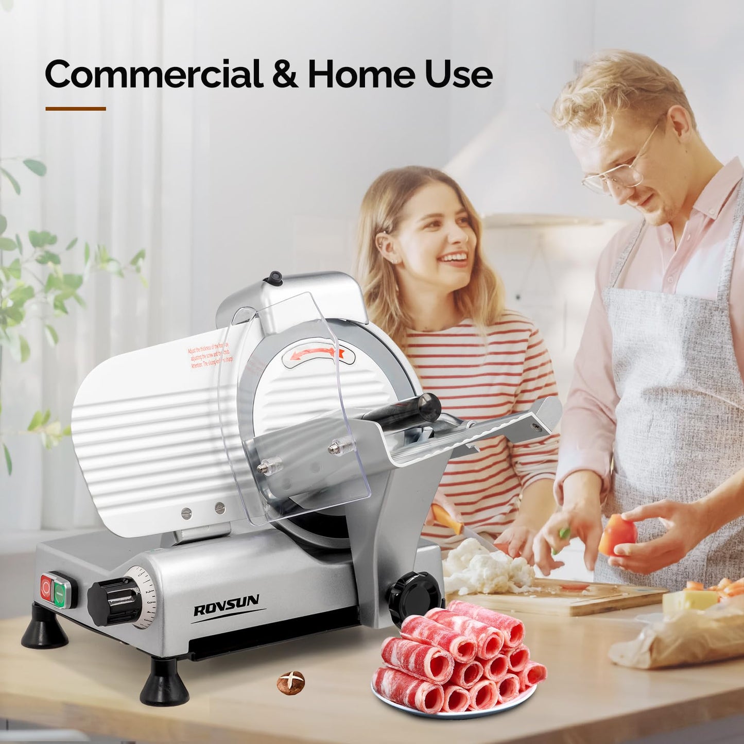 ROVSUN 210W Commercial Meat Slicer, 8 inch Electric Meat Slicer Machine with Adjustable Thickness(0-13mm), Frozen Meat Deli Cheese Food Slicer with Upgraded Carbon Steel Blade for Home and Commercial