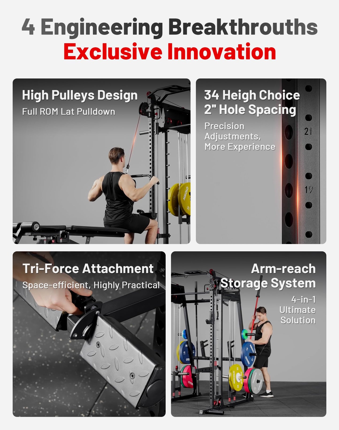 Mikolo Smith Machine with Weight Stack, 2200lbs Squat Rack with LAT-Pull Down System & Cable Crossover Machine, Multi-Function Power Cage, Black