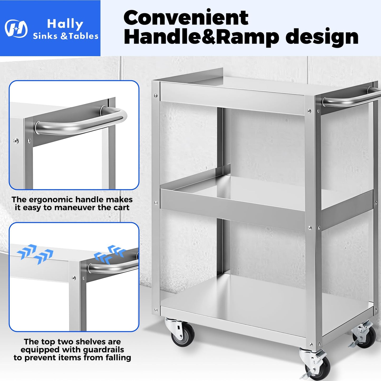 Hally Stainless Steel Utility Cart 3 Tier NSF Commercial Heavy Duty Metal Mobile Food Rolling Cart with Handle and Wheels for Kitchen, Restaurant, Hospital, Laboratory and Home, 24" L x 16" W x 34" H