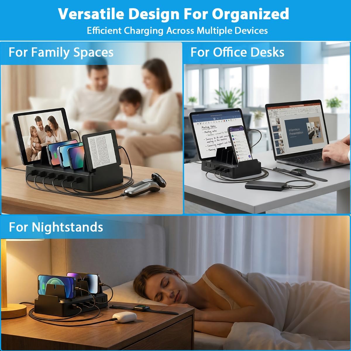 COZOME 6 Charging Station for Multiple Devices, Port USB Desktop Charger Dock Compatible with iPad, Samsung, Android