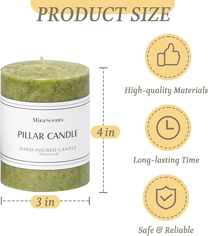 3x4 inch Green Pillar Candles Set of 3, Unscented Pillar Candle, Dripless and Smokeless Large Candles, Candle for Home Decor, Dinner Table,Weddings, Holidays