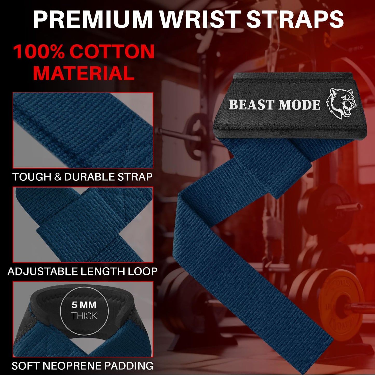 TECEUM Lifting Wrist Straps with Neoprene Padding Support – Navy Blue – Beast Mode – Heavy Duty Wrist Workout Straps For Men and Women – Ideal for Powerlifting, Strength Training, Bodybuilding