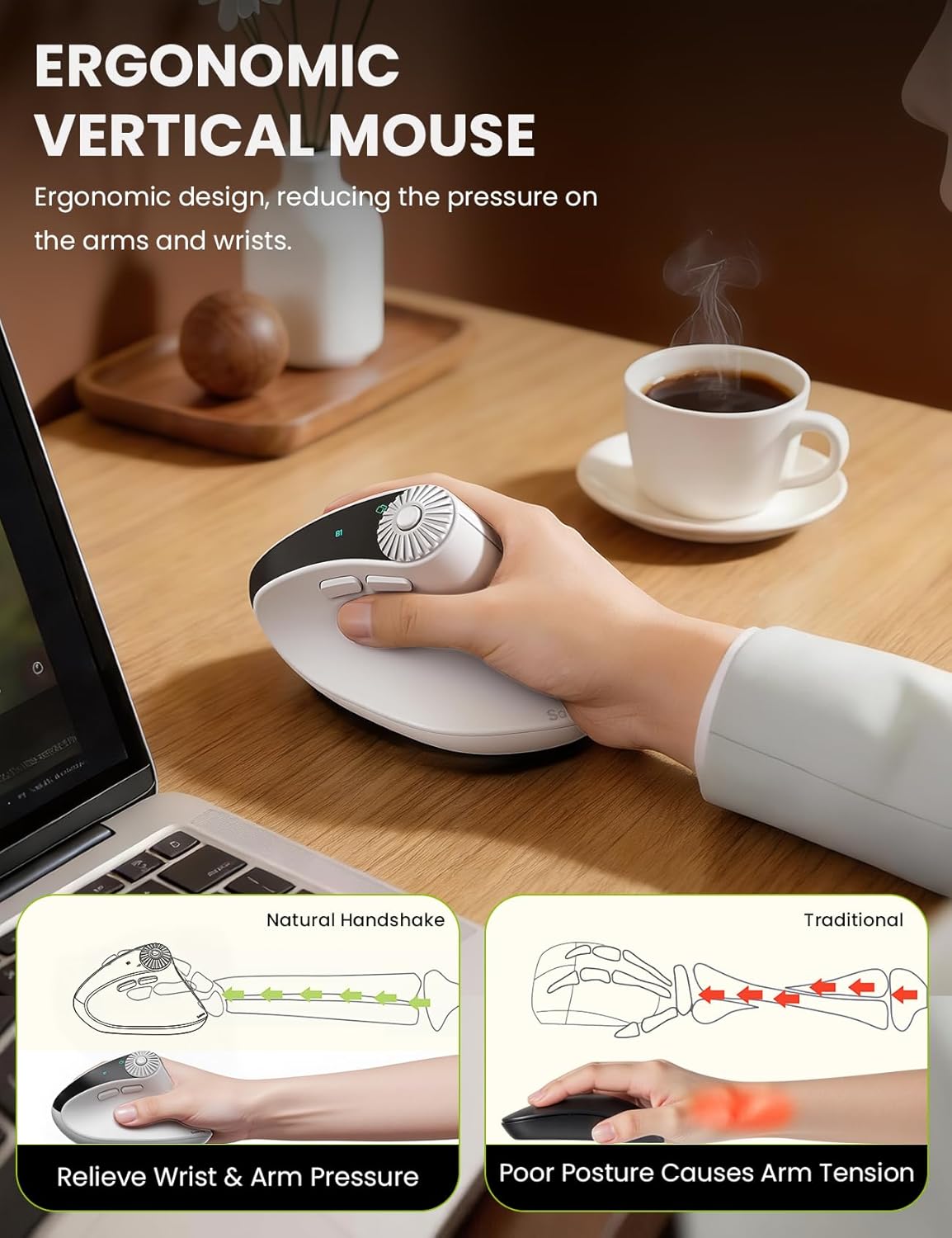 SABLUTE MAM51 3-in-1 4000 8 2.4Ghz/Bluetooth Ergonomic Mouse Wireless with Quick-Switch Scroll Wheel, Vertical Mouse