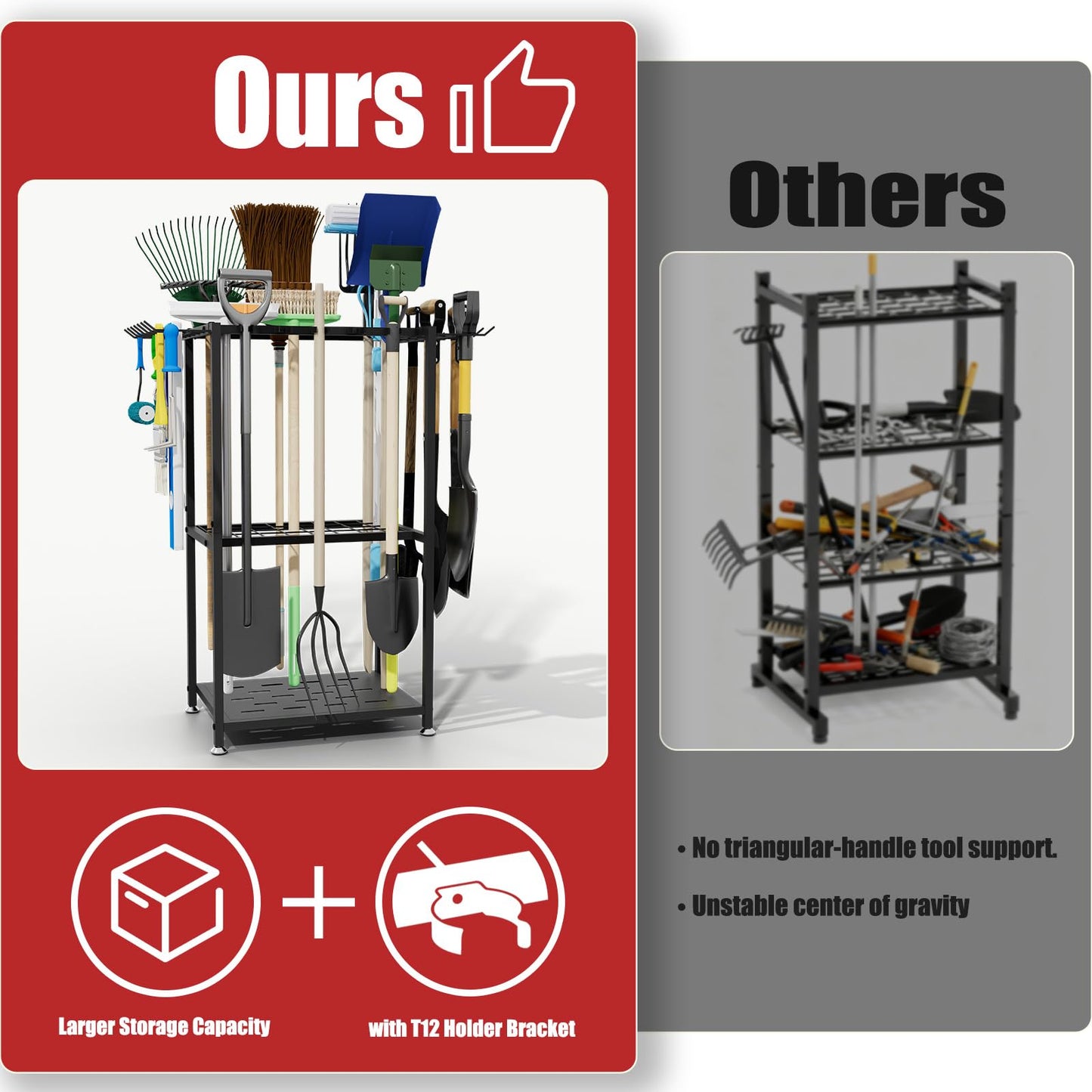 Faesun Garden Tool Organizer, 3-Tier Metal Yard Tool Rack with 14 Hooks & 5 Slots, Holds 50+ Rakes/Shovels/Brooms, Heavy Duty Freestanding Lawn Tool Storage for Garage Shed Outdoor Organization