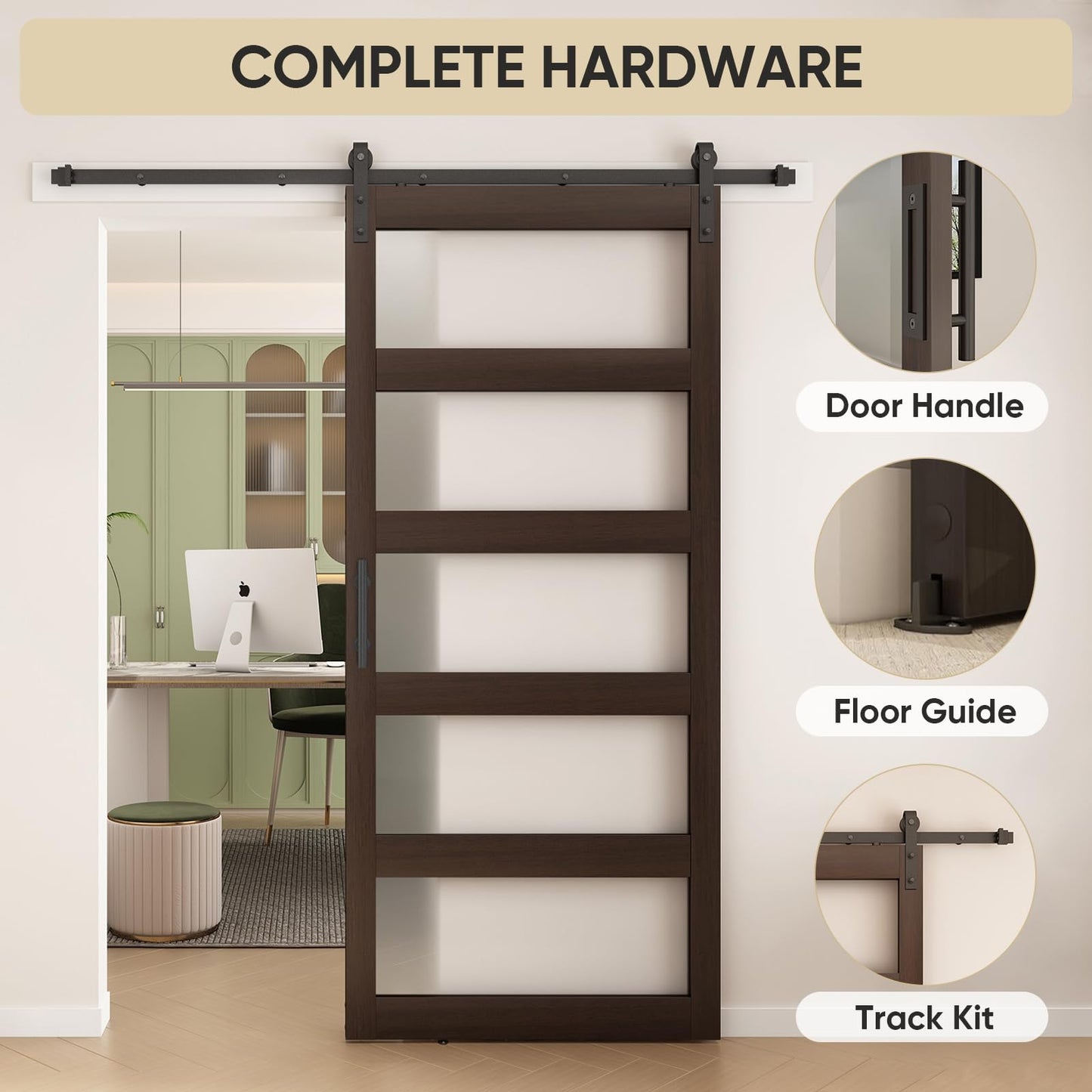 BARNSMITH 42in x 96in Glass Barn Door and 7FT Sliding Door Hardware Included, 5-Panel Frosted Glass Sliding Barn Door, Solid Wood Covered with Water-Proof PVC Surface, Easy Assembly, Brown