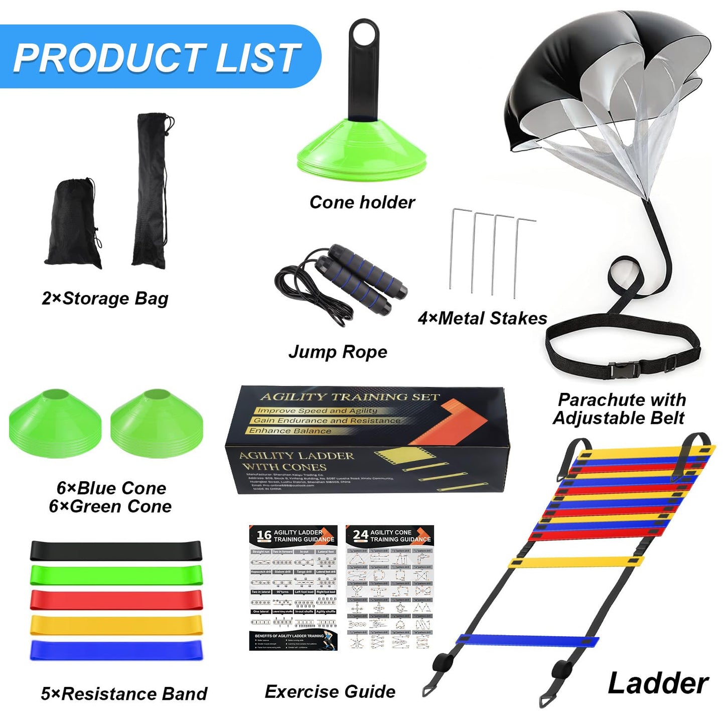 Speed Agility Training Equipment Set, Colorful Agility Ladder 20ft, 12 Football Cones, Resistance Running Parachute, Jump Rope, 5 Resistance Bands, Football Soccer Fitness Drills for Kids Adults