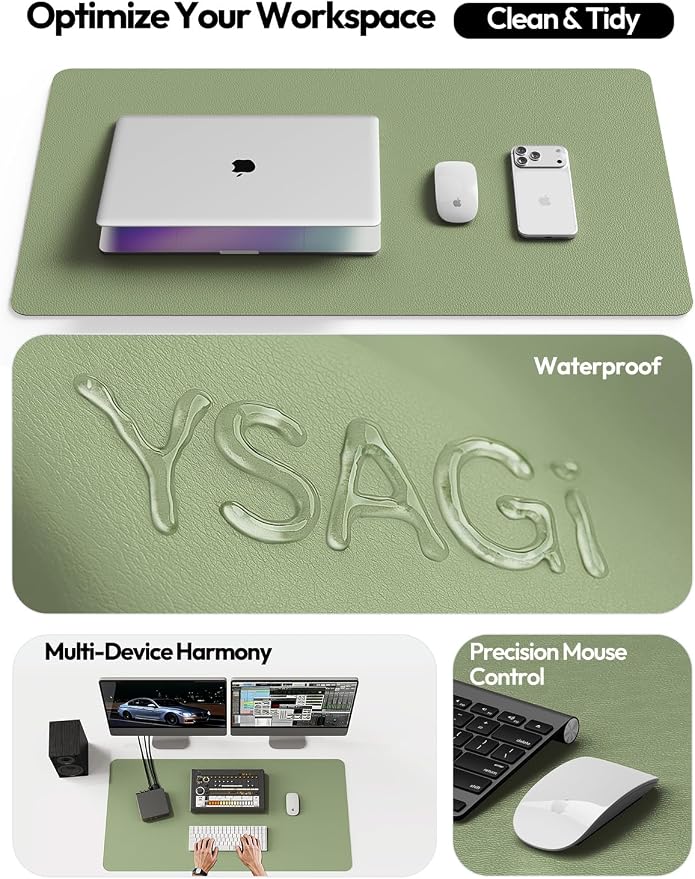 YSAGi Leather Desk Protector, Office Mat, Large Mouse Mat, Non-Slip PU Leather Blotter, Laptop Desk Mat, Waterproof Writing Pad for Office and Home (Bamboo Green, 31.5" x 15.8")