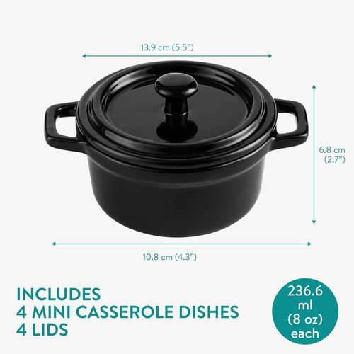 Navaris Mini Cocotte Casserole Dish Set - Oven-Proof with Lid - Easy Clean | 4 x 8 oz (237 ml) - Black