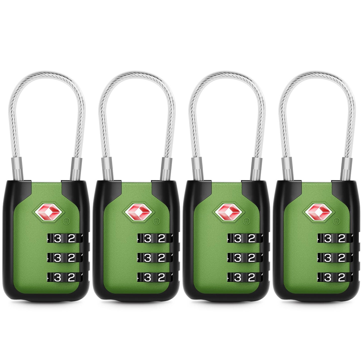 Joyway TSA Approved Luggage Lock, 3 Digit Combination Cable Lock with Alloy Body, Travel Combination Locks for Suitcases, Backpack and Golf Bag (Green, 4Pack)