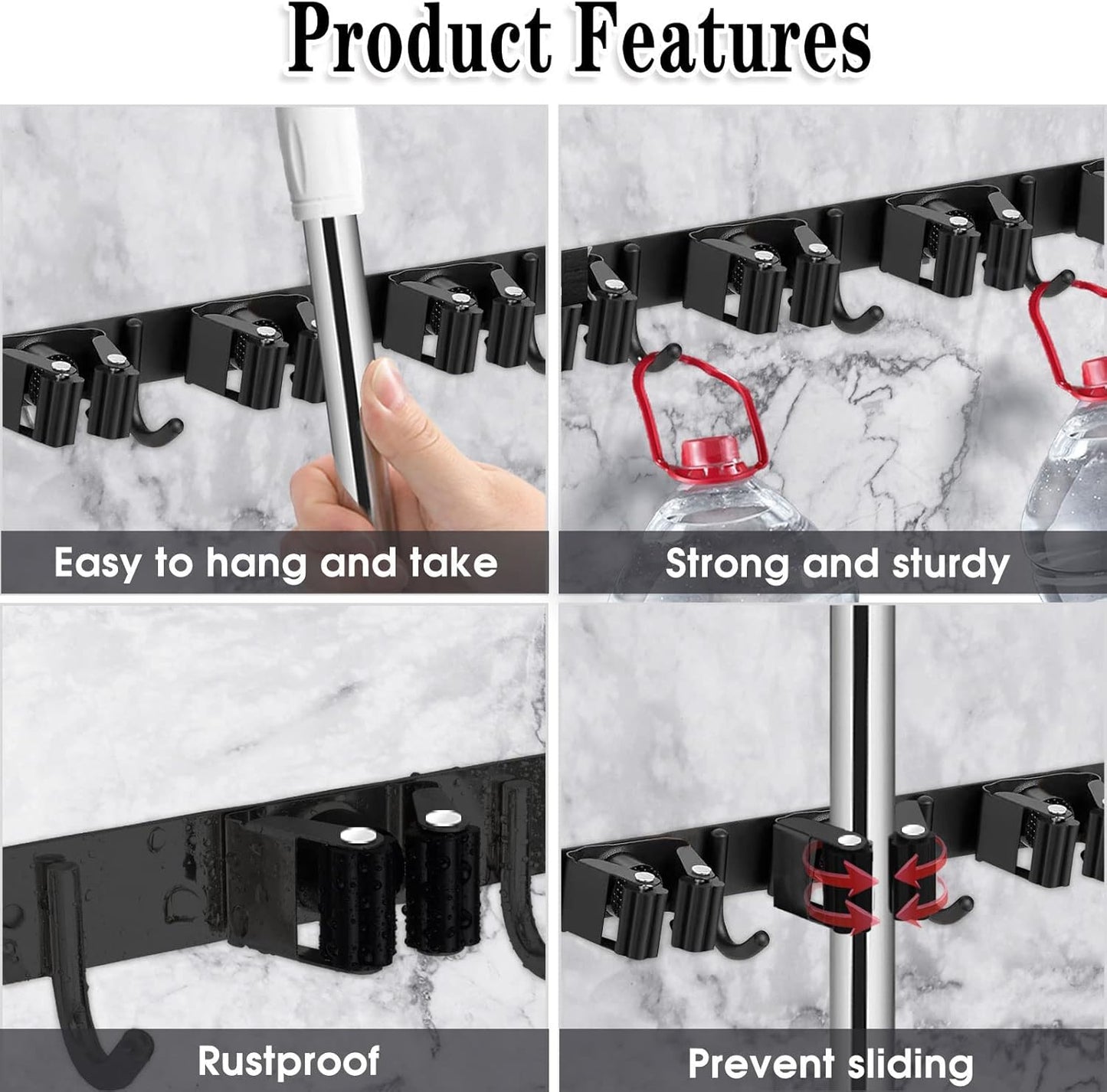 AceMining Broom Holder - 2 Pack Wall Mount Organizer with 5 Racks & 4 Heavy-Duty Hooks | Black Stainless Steel