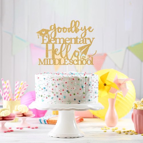 Goodbye Elementary Cake Topper by [Brand Name] - Celebrate 5th Grade Graduation with Gold Glitter Design