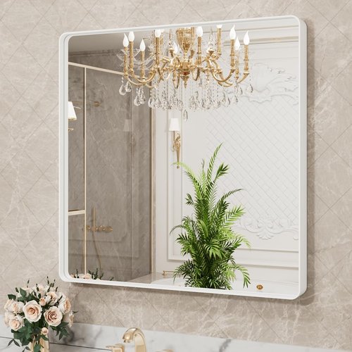 LOAAO White Metal Framed Bathroom Mirror - 30x30 Inch Large Rounded Rectangle, Anti-Rust, Tempered Glass