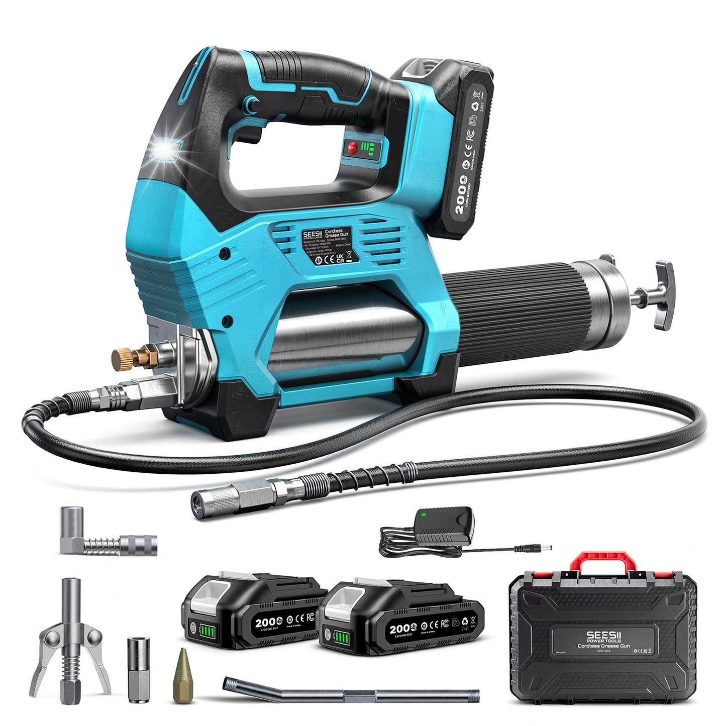 Seesii 12000PSI Electric Grease Gun: 3 Speed Control Battery Powered Grease Gun Cordless with 2 Batteries, Brushless Motor, 39.4” Long Hose, 90 Degree Coupler & LED Light for Heavy Duty Equipment